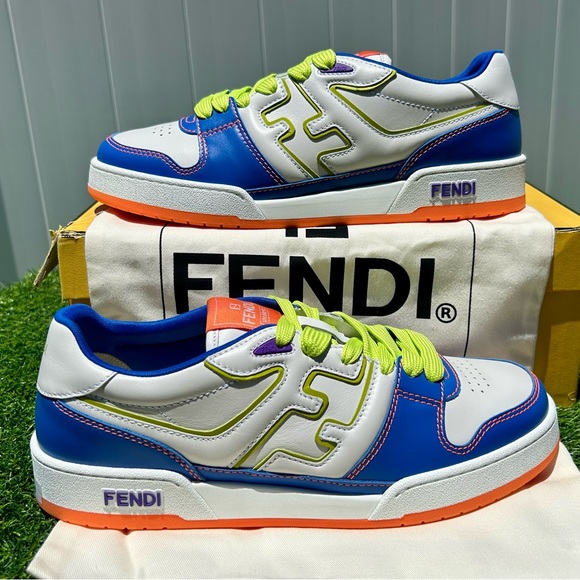 FENDI MATCH LEATHER SNEAKERS WHITE GREEN BLUE ORANGE SZ UK 10 US 11 NEW - Picture 1 of 16